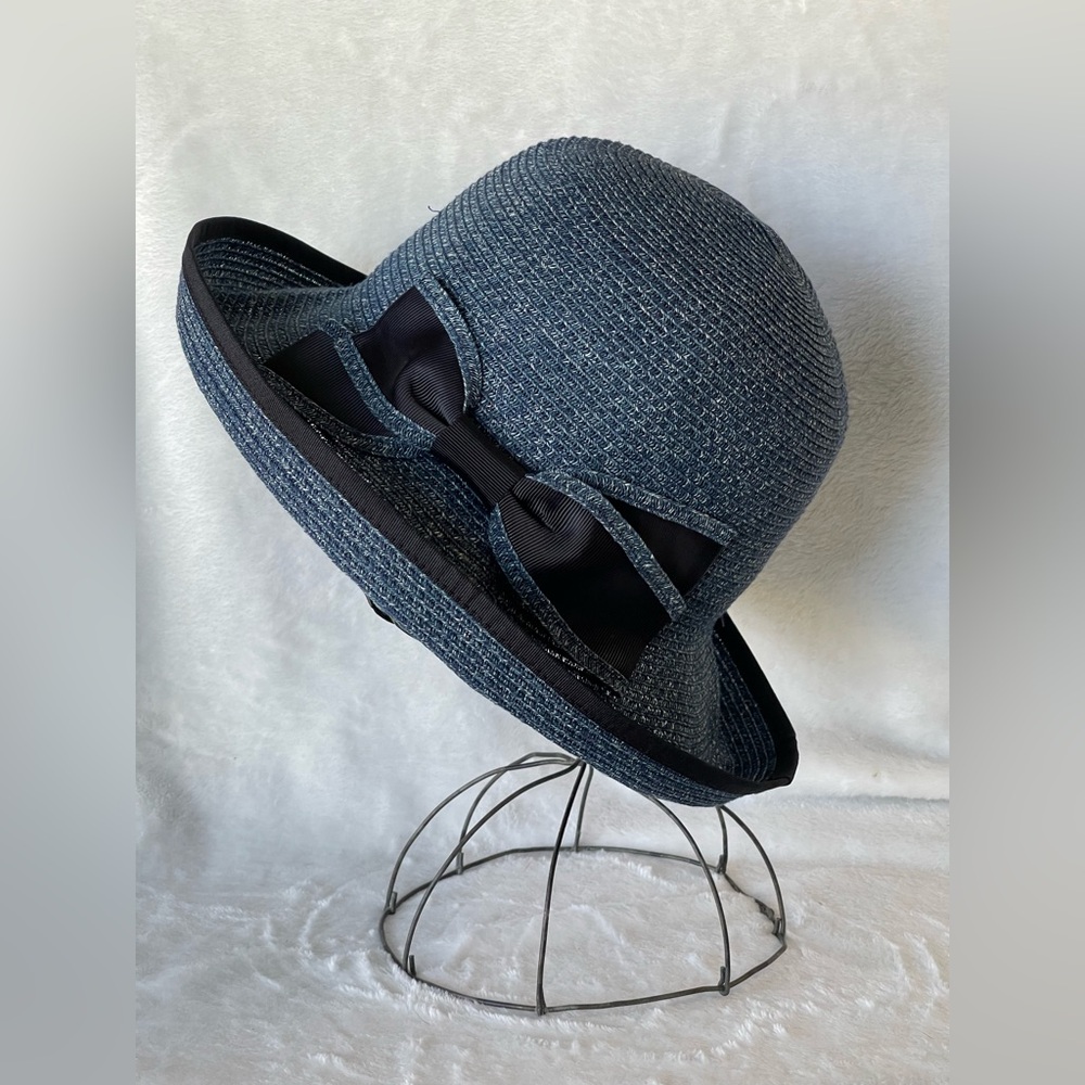Marina Travel Sun Hat Blue Black Bow Big Rim Cloche Raffia
